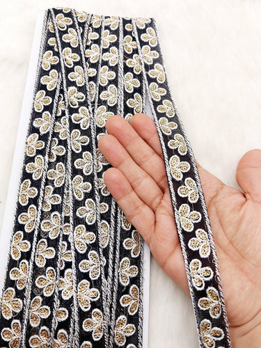 Wholesale Black Net Lace Floral Embroidery & Glitter Gold Sequins, Indian Wedding Border, Gifting Ribbon Costume Trim Fashion Trimming